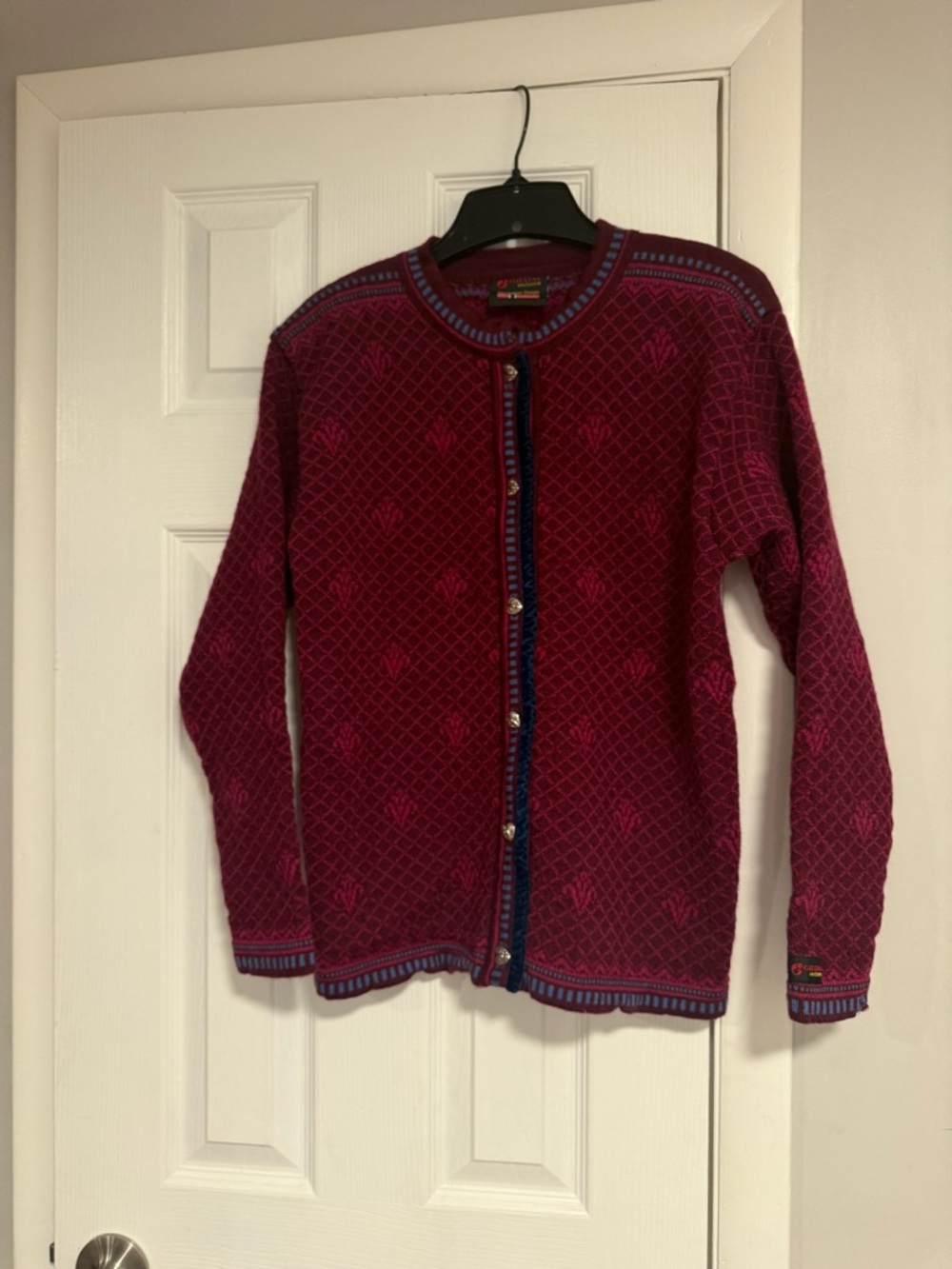 Gjestal Norwegian Wool Cardigan Nordic Sweater Burgundy Pattern Womens Size M
